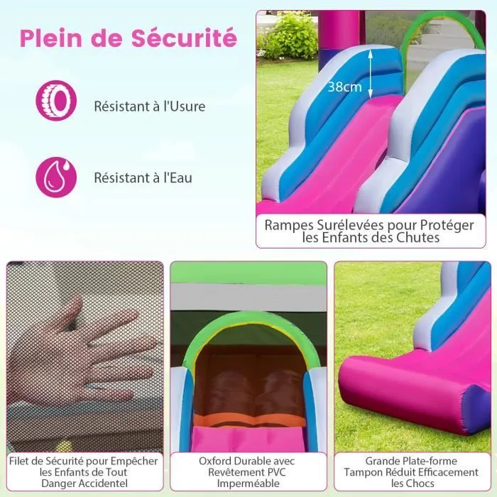 COSTWAY Château Gonflable 5 en 1 avec Toboggan et Toit, 385 x 332,5 x 300 cm, Intérieur et Extérieur pour Enfants 3 ans+-1