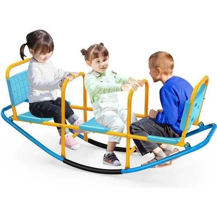 COSTWAY Balançoire à Bascule 2-3 Enfants Trébuchet en Métal Tape-Cul Jardin avec Poignées 3 - 8 Ans Station de Jeu Extérieure Bleu-0