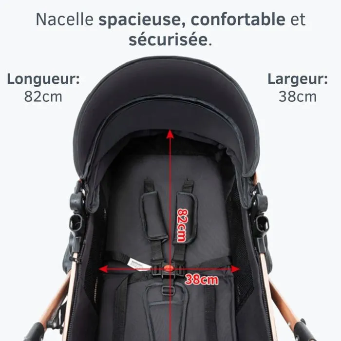 Poussette 3 en 1 Bébé Combinée Siège-Auto Nacelle Réversible Réglable Haute Qualité Roues increvables Canne rouge.bazarland30-3