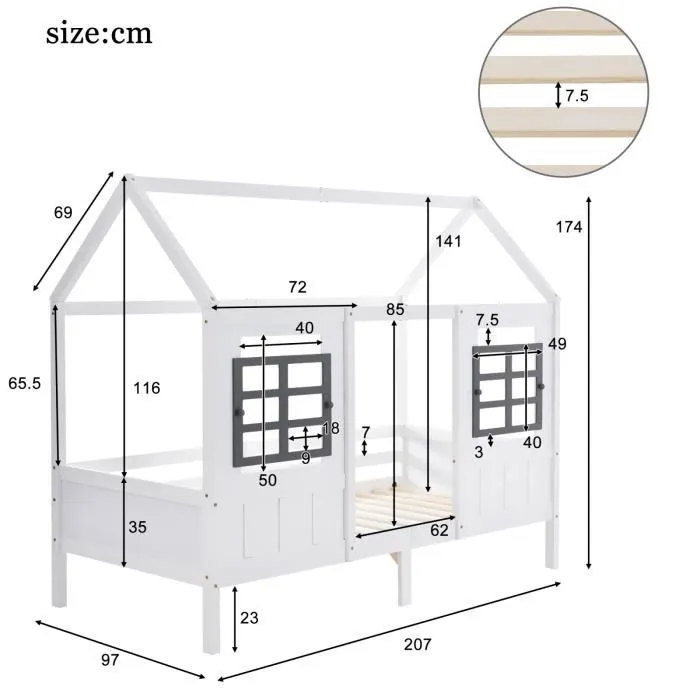 Lit cabane enfant Fortuna Lai,90x200cm,avec barrière de protection,avec tiroir,fille,garcon,cadre en bois massif,blanc,avec fenêtre-3