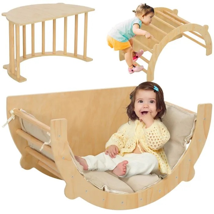 Arche d'escalade 3 en 1 - AIYAPLAY - fauteuil à bascule et table de jeu - coussin - en bois naturel 
 enfants de 18 à 48 mois-0