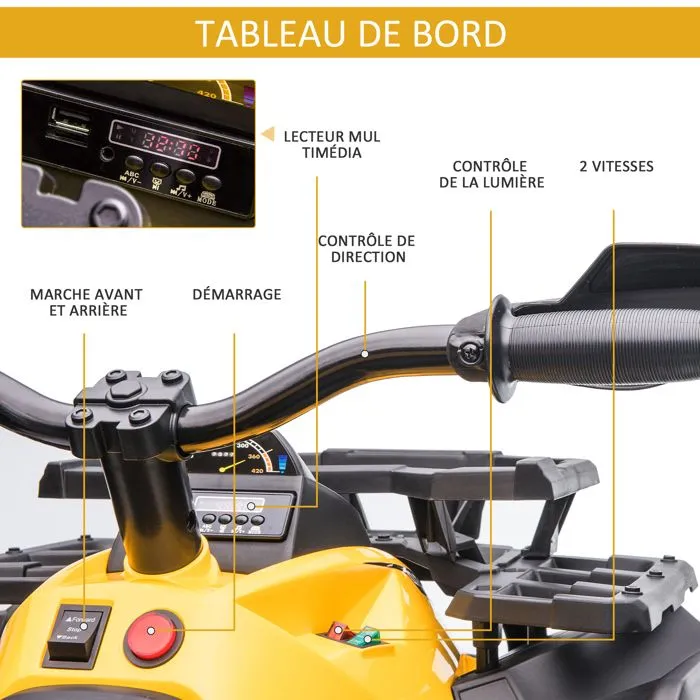 HOMCOM Voiture 4x4 Quad Buggy électrique Enfant 12 V 5 Km/h Max. Effets Lumineux sonores Selle avec Dossier Porte-Bagage Avant-5