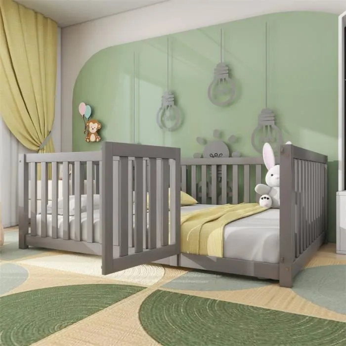 Lit évolutif bébé Lit d'enfant 140 x 200, fond en bois Cadre de lit avec barrière et porte, Gris-1
