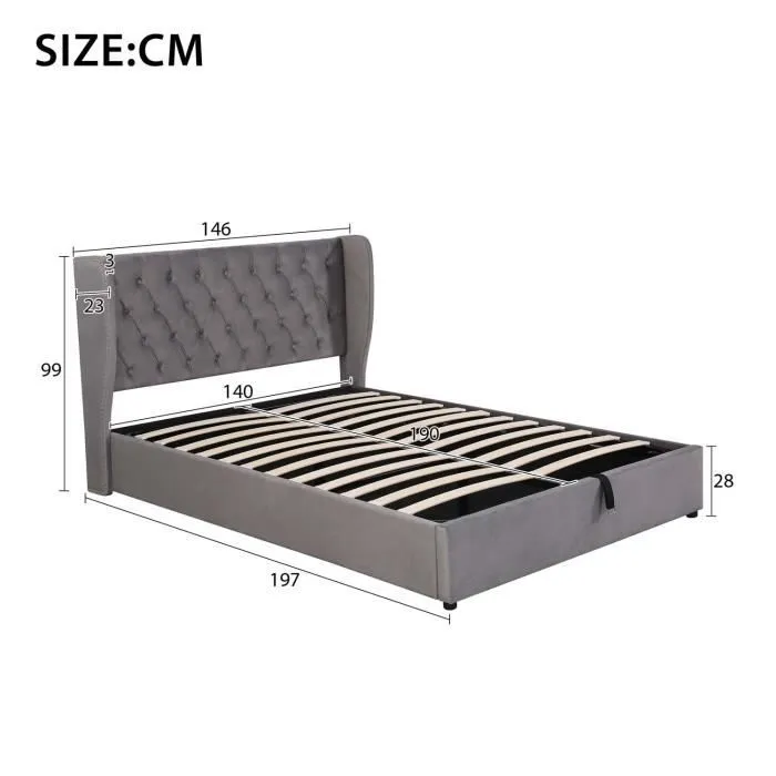 Lit adulte 140x190 cm - coffre de rangement avec sommier à lattes - tissu en velours, gris-3