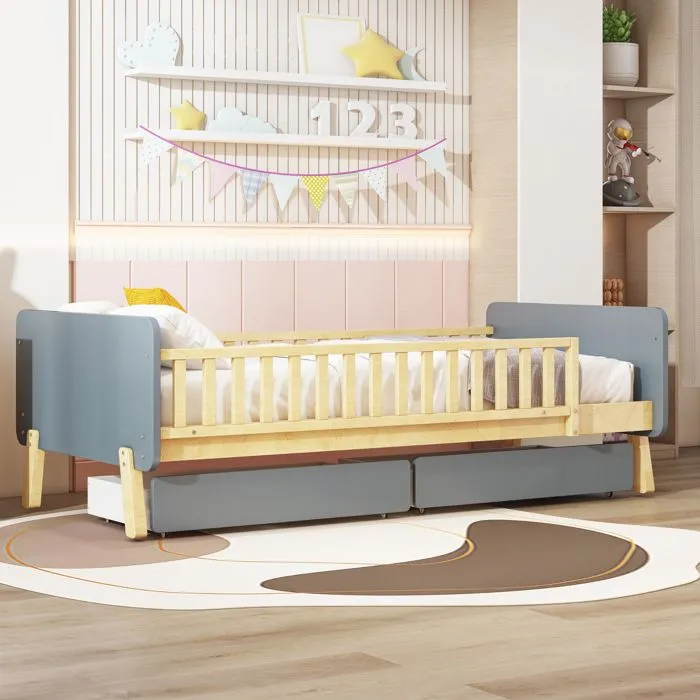 Lit enfant - Bois massif - 90x190 cm - 2 tiroirs - Gris - Sommier inclus-4