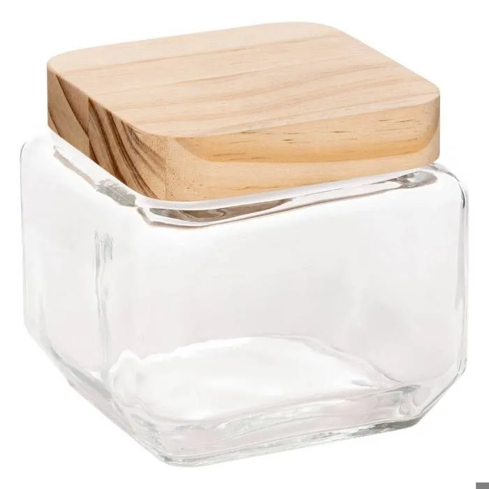 Bocal en verre carré - 5five - 0,85L - Couvercle en pin - Dimensions 11x11x10,5 cm - Poids 0,55 kg-0
