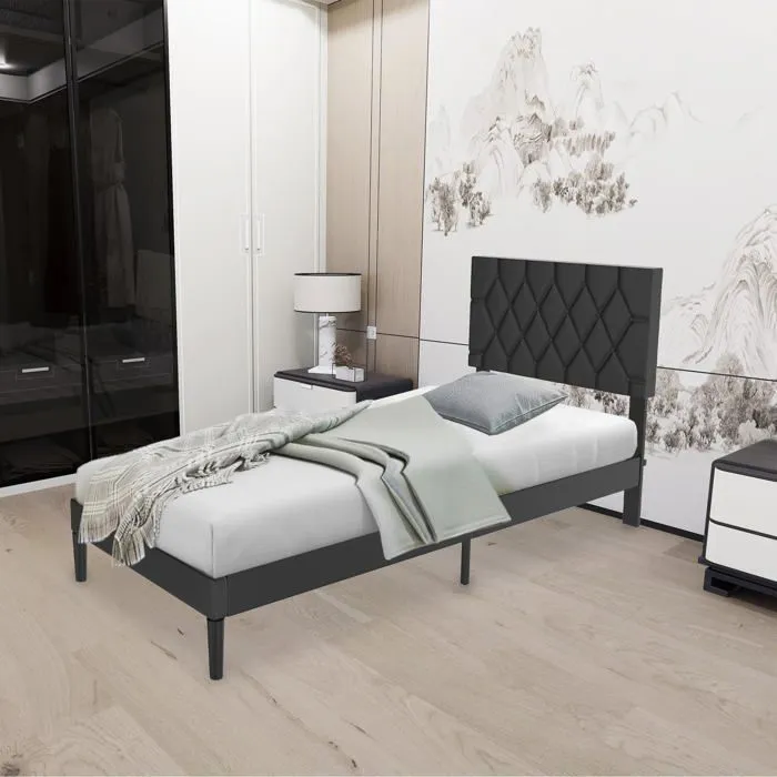 Lit - UISEBRT - 90x200cm - Métal Noir - Tête en Cuir - 1 Place - Design Contemporain-2