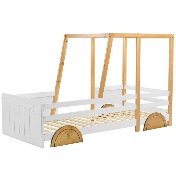 Lit de voiture 90x200cm, lit de jeep, lit d'enfant avec roues en MDF, cadre en pin, blanc + naturel-2