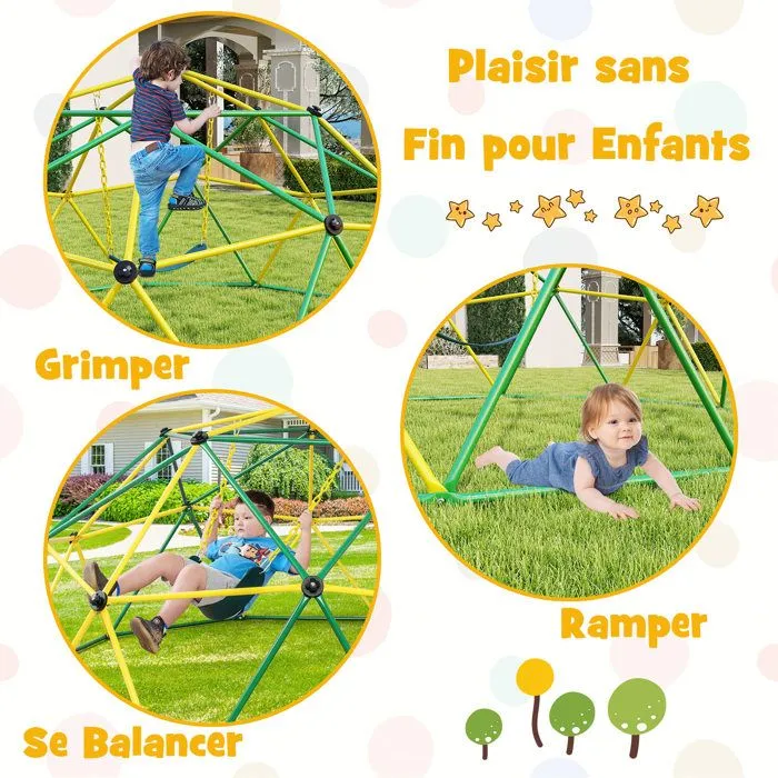 COSTWAY Dome Escalade Exterieur 305 CM avec Balancoire Charge 363 KG Structure en Metal pour Enfants de 3 - 12Ans Vert-2