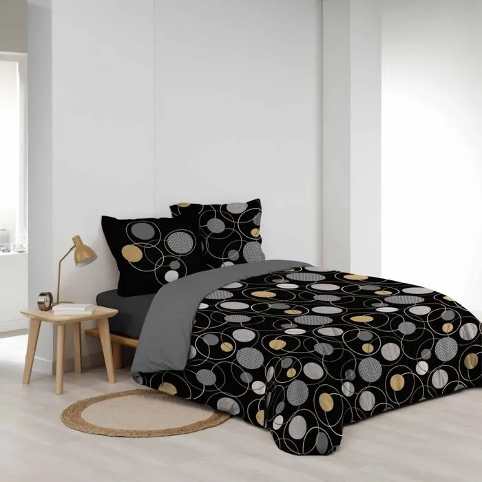 Parure de lit 3 pièces - Milord - Ronds gris et or - 240 x 220 cm - Taies 63 x 63 cm - 57 fils-1
