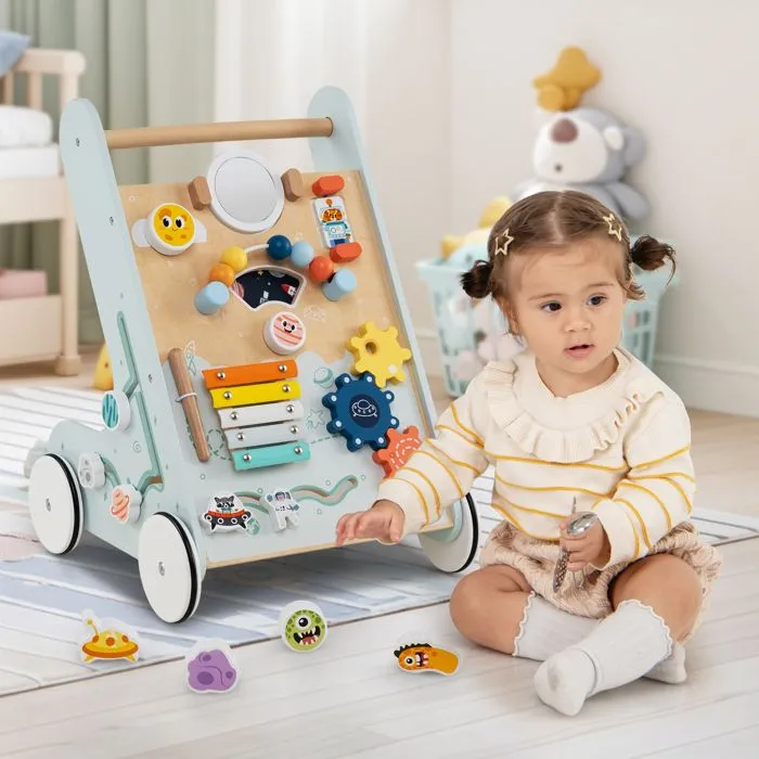 COSTWAY Trotteur Chariot de Marche sur Thème Spatial 8 en 1 avec Miroir & Perles & Xylophone, Roues, 1an+, Jouet Montessori, Vert-1