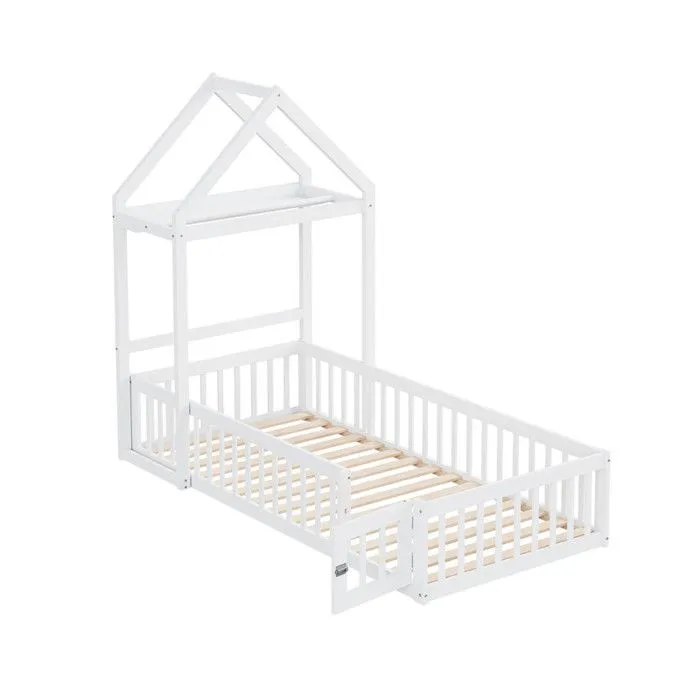 MODERNLUXE Lit enfant 90x200cm, Lit cabane cadre de en bois massif avec espace de rangement, blanc-1