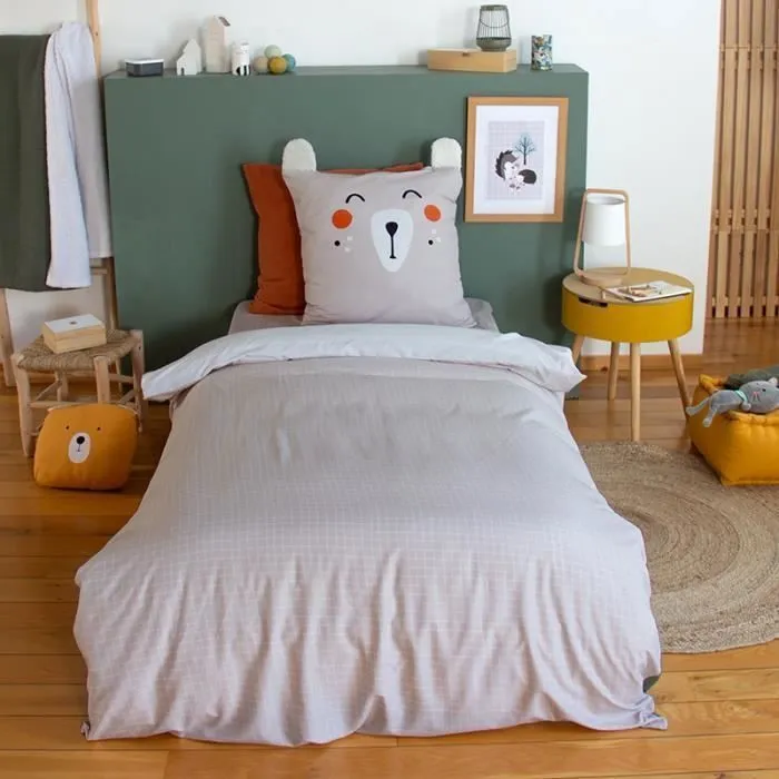 Parure de lit 140x200 cm enfant - Housse de Couette + Taie d'oreiller animaux de la forêt vert et beige avec poche doudou-1