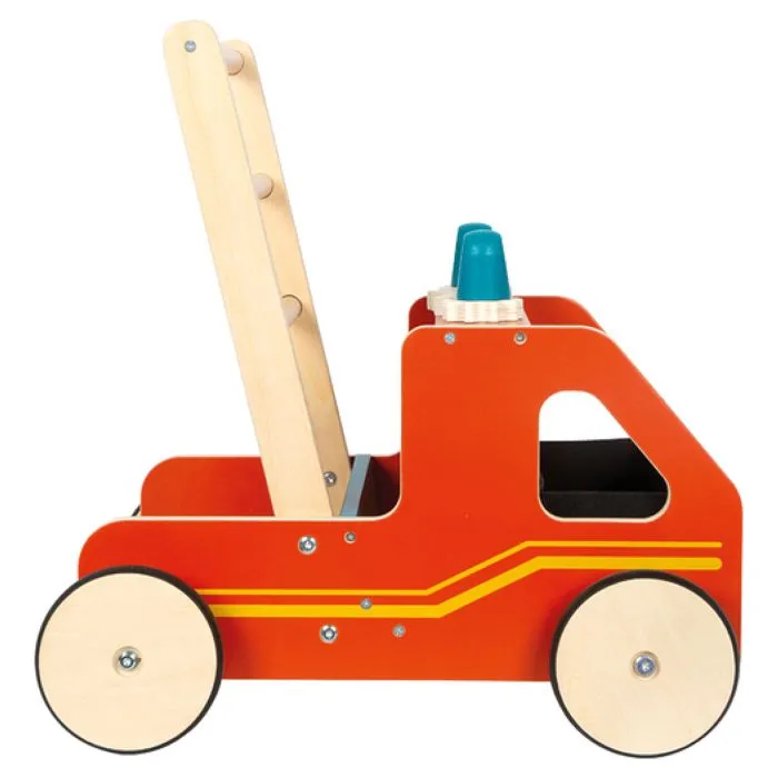 Chariot de marche en bois - Small foot company - Pompiers - 12 mois - Panier en feutre - Freinage intégré-4