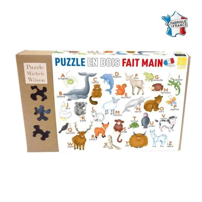 Puzzle en bois fait main 12 pièces - Puzzle Michèle Wilson - Alphabet des Animaux - Pour enfants dès 3 ans-1