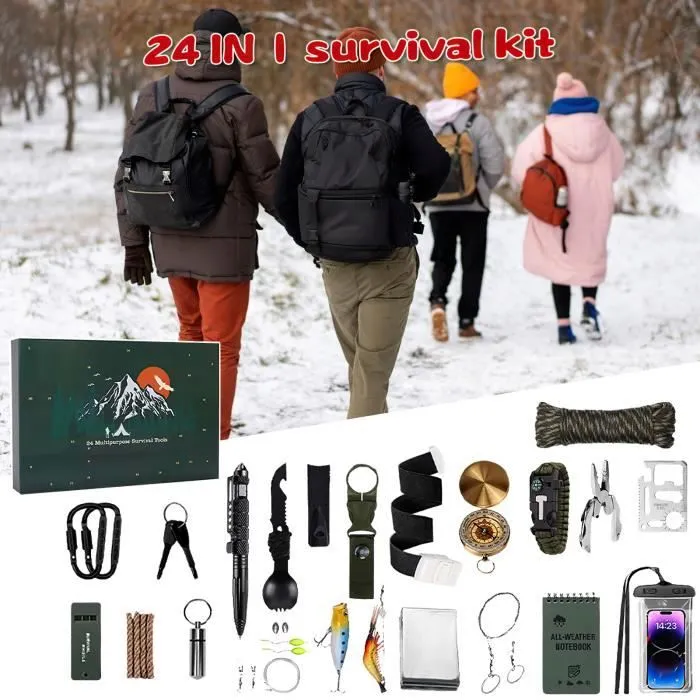 Calendrier de l'avent 2024 - Calendrier de l'Avent Kit de survie pour hommes, calendrier de l'Avent de Noël avec 24 outils de survie-1