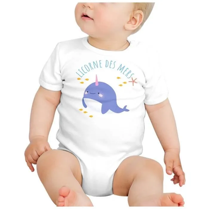 Body Bébé Manche Courte Blanc Licorne des Mers Narval Dessin Illustration Mignon-1