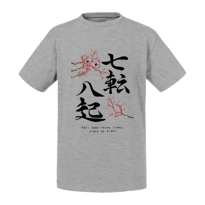 T-shirt Enfant Gris Proverbe Fall Down Japon Asie Culture Sakura-0