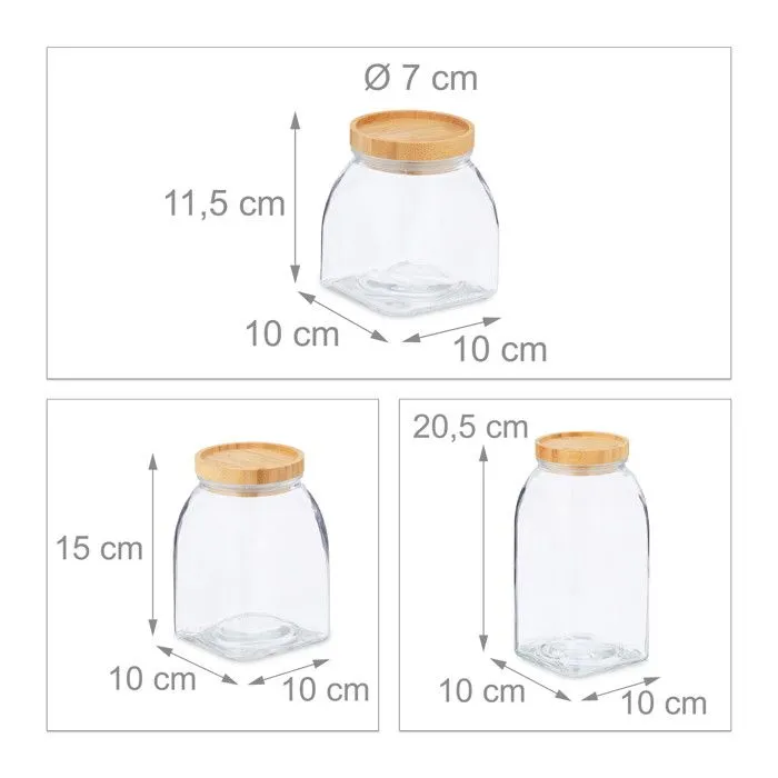 Relaxdays bocaux en verre lot de 3, 600,1000,1400 ml, pour céréales, pâtes, couvercle en bambou, transparent / nature-3