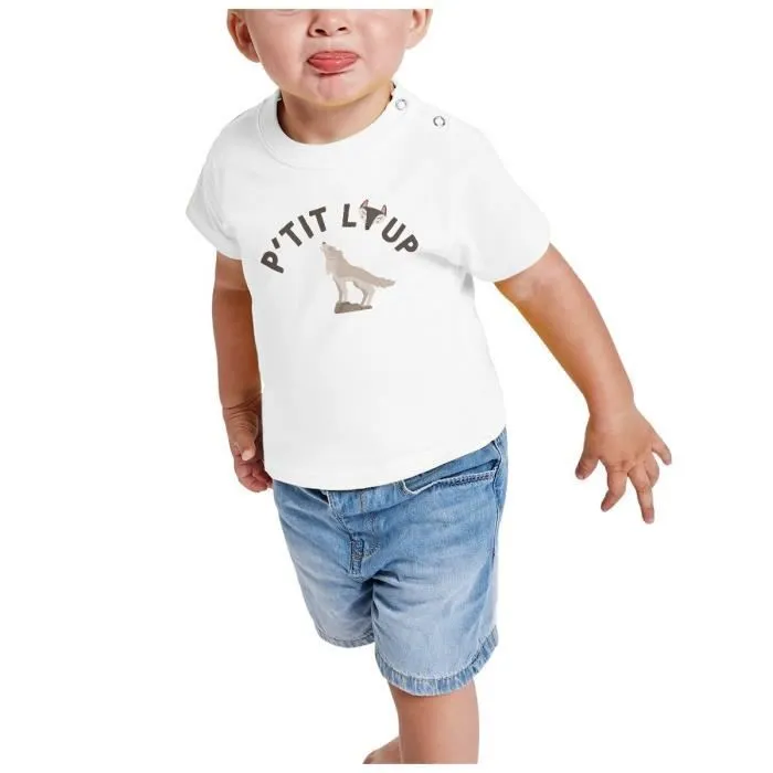 T-shirt Bébé Manche Courte Blanc P'tit Loup Animal Sauvage Nature-1