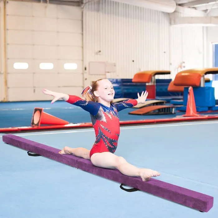 COSTWAY Poutre de Gymnastique Pliable 210cm pour Enfants avec Poignées de Transport 4 Patins Antidérapants Couverture en Daim Violet-5
