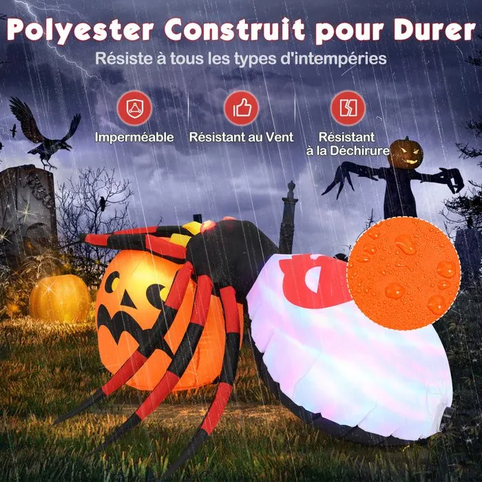 COSTWAY Citrouille de Araignée Gonflable 150x140cm, Décoration d'Halloween LED de Citrouille Gonflable avec Lumière Rotative Colorée-2