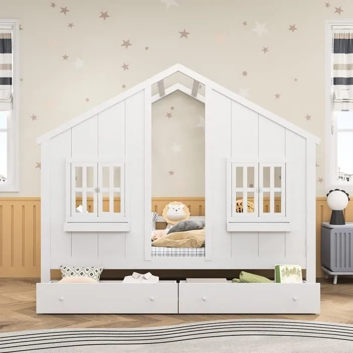 Lit cabane enfant 90x200cm - style pastorale - avec 2 fenêtres, toit, sommier à lattes et 2 tiroirs - sans matelas - en bois blanc-1
