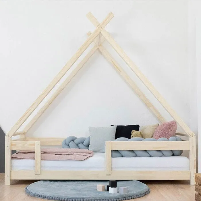 Lit Tipi enfant avec barrière bois massif naturel vernis 90 x 200 cm-1
