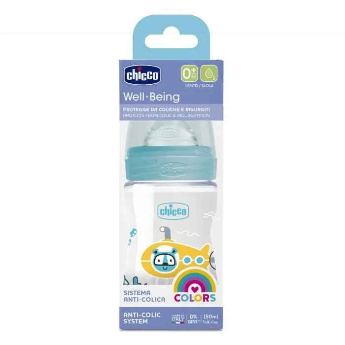 Chicco Biberon Bien-Être Débit Lent +0m Bleu 150ml-0