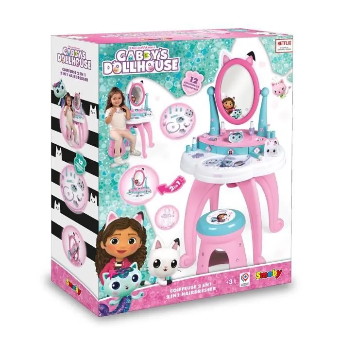 Smoby - Gabby et la Maison Magique - Coiffeuse enfant 2 en 1 - Tabouret inclus - 12 accessoires - Miroir orientable-1