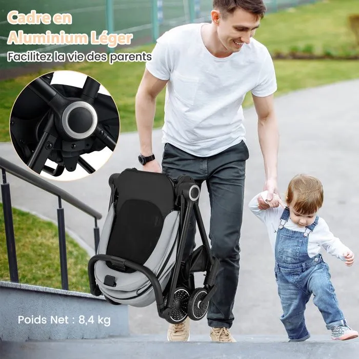 COSTWAY Poussette Canne Pliable Bébé avec Siège Réversible & Dossier Inclinable, Panier Inférieur, Harnais à 5 Points, 15 kg, Gris-4
