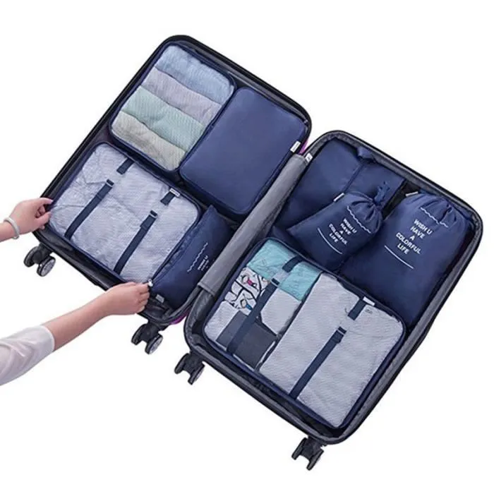 Lot de 8 Sac de Rangement Organisateur de Voyage Valise Bagages Ensemble Emballent des Cubes pour Vêtement - BLEU-1