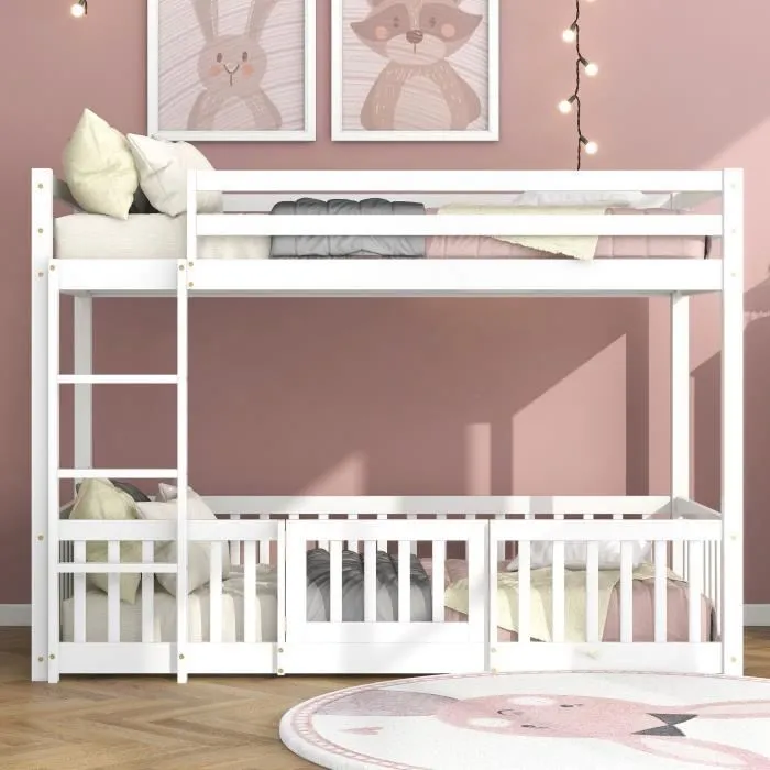 Lit superposé enfant 200 x 90 cm avec escalier, Lit enfant avec barrières et porte en bois massif, Blanc-0