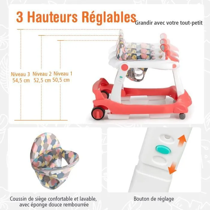 COSTWAY Trotteur Bébé Pliable Musical 2 en 1 Hauteur et Vitesse Réglables Effet Sonore avec Lumières Coussin de Siège Lavable Rose-2