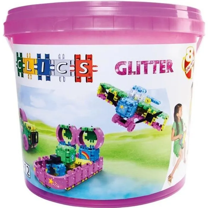 Jeu de construction Clics - Seau à paillettes - 133 clics - 42 accessoires - Jouets enfants STEM-0