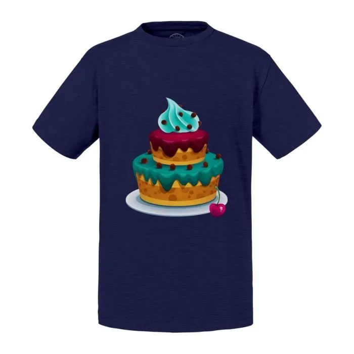 T-shirt Enfant Bleu Dessin Gateau d'Anniversaire Gourmandise Enfant-0