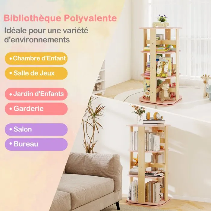 COSTWAY Bibliothèque Rotative à 360° - Étagère à Livres pour Enfants à 3 Niveaux avec 12 Compartiments 48 x 48 x 95,5 cm-2