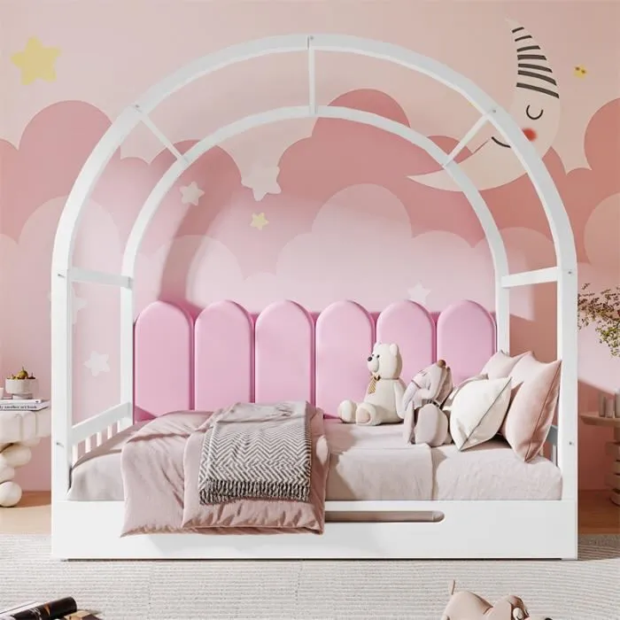Lit gigogne - Enfant - 140x100cm/140x200cm - Bois massif - Blanc et rose - 2 places-1