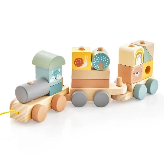 COSTWAY Train à Tirer en Bois - 14 Pièces -3 Wagons, Locomotive Rétractable - Jouet d'Eveil en Bois Massif Sûr-0