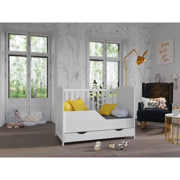 Lit Bebe Blanc 120 x 60 cm, Lit en Bois pour Enfants Lit evolutif Bebe + Barrière de sécurité-2