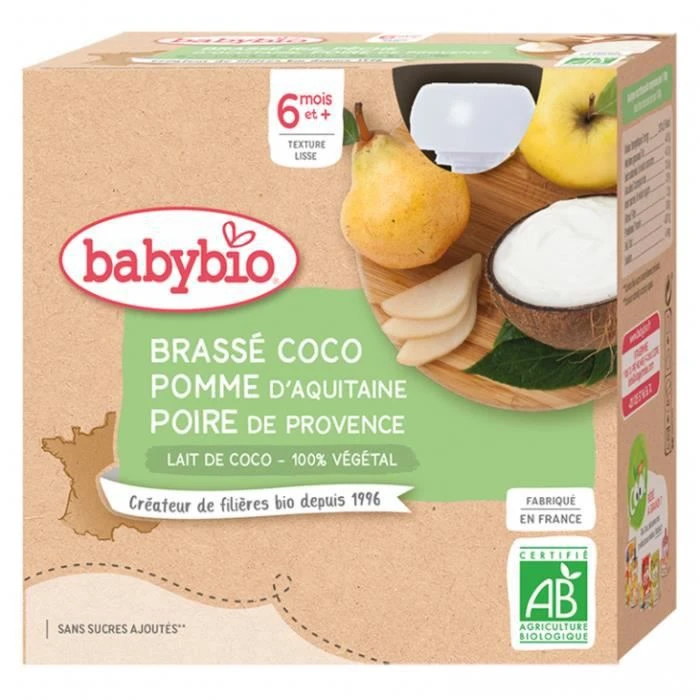 Babybio - Gourde Brassé Lait de coco Pomme Poire - Bio - 4x85g - Dès 6 mois-0