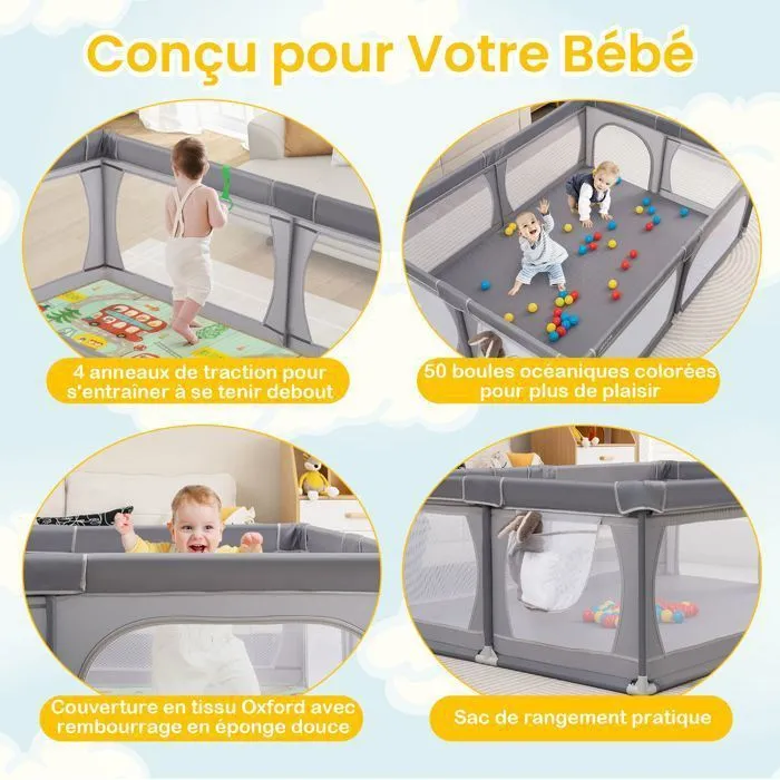 COSTWAY Parc Bébé avec Tapis Pliable en XPE sans BPA Tissu Oxford 206×147×68,5cm 2 Compartiments 50 Balles Océaniques Sac Gris Foncé-4