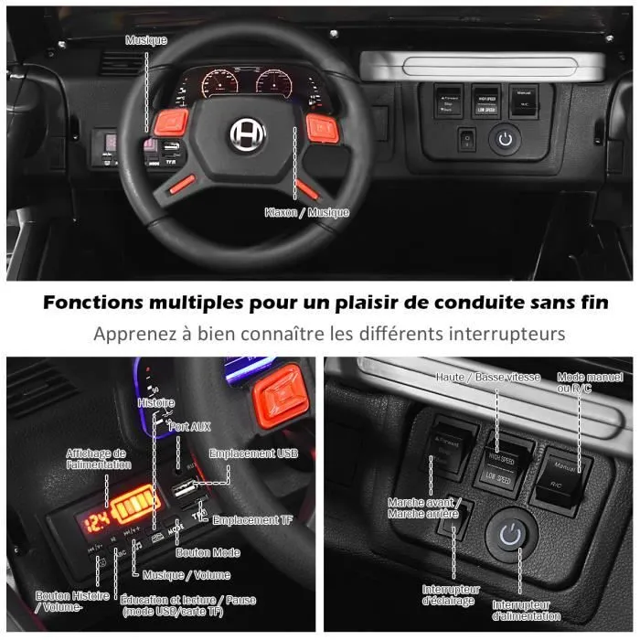 COSTWAY Voiture 4x4 Électrique 12V pour Enfants 3+ Ans, 2 Places, Télécommande 2.4G, Lumières LED et Musique,Noir-2
