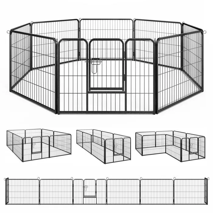 COSTWAY Barrière de Sécurité H60CM pour Chien 8 Panneaux, Parc Portable Pliable avec Porte, Intérieur Extérieur pour Jardin Camping-0