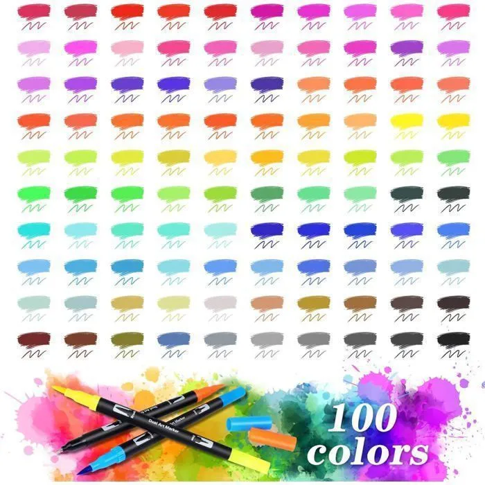 Feutres de Coloriage, 100 Couleurs Art Aquarelle Brosse Pointe Stylos et Pointe Fine pour Adulte Livres de Coloriage, Dessin-1