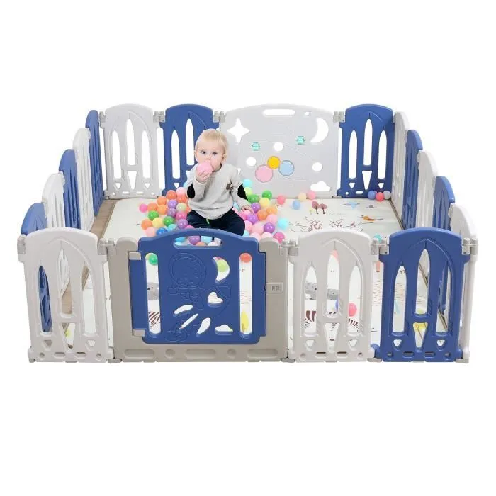 XMTECH Parc Bébé en Plastique 16 + 2 Panneaux d’Activité et Porte Barrière Sécurité Enfant 196x190cm Clôture Pliant de Protection-0
