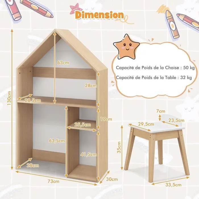 COSTWAY Table Cabane Enfants avec Chaise 2 en 1 Bibliothèque - Tableau Noir, Espace de Rangement, Dispositif Anti-Basculement-3