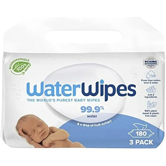 Lingettes pour bébés - WATERWIPES - 180 unités - 99,9% eau organique - Hypoallergéniques - Testées hygiène-0