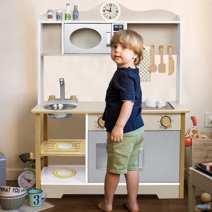 UISEBRT Cuisine en Bois Enfant, Ensemble de Jouets de Cuisine avec Accessoires Tels que Micro-ondes, Four, Évier(68x26x78cm)-3