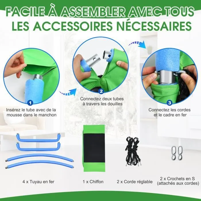 COSTWAY Balançoire Nid d'Oiseau Extérieur 83x155 cm-Tissu Oxford-Corde Réglables 180cm-3 Modes de Fixation-Charge Max 150KG Vert-2